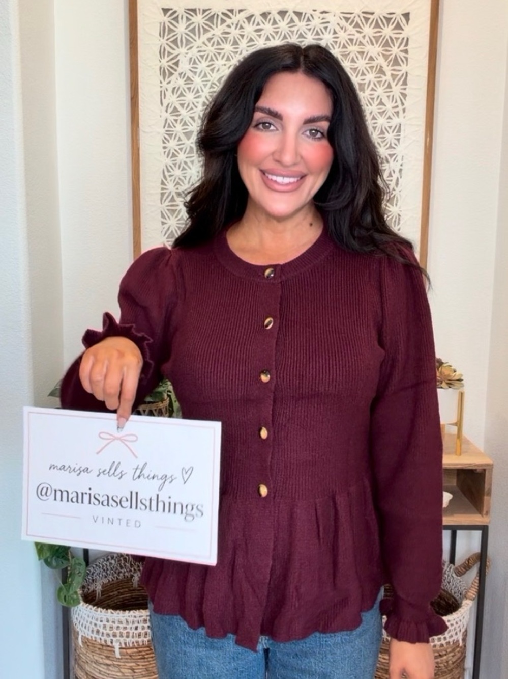 Amazon Burgundy Button-Front Peplum Knit Top